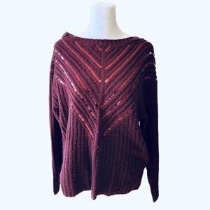 Ontwelth Burgundy Boatneck Sweater, Sequin Chevron Pattern, Women’s Size Small.